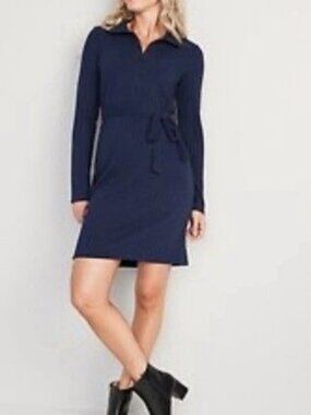Old Navy Navy Fitted Rib-Knit Tie-Belt Long-Sleeve Mini Polo Dress Size XXL